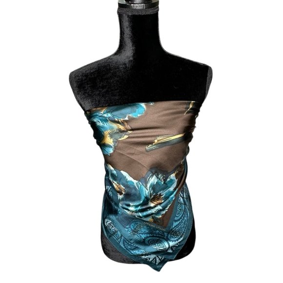 Adrienne Vittadini Scarf Womens Square 34" Brown Blue Floral Flowers Silk Vintag - Picture 1 of 11